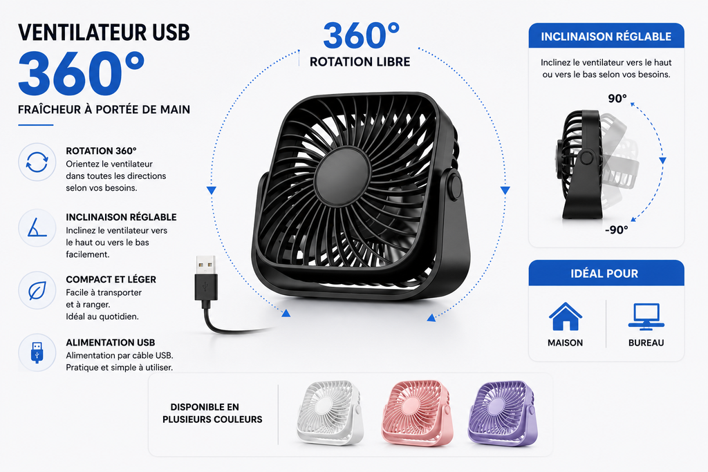 Mini Ventilateur de Bureau USB 360° – 3 Vitesses | Canicule