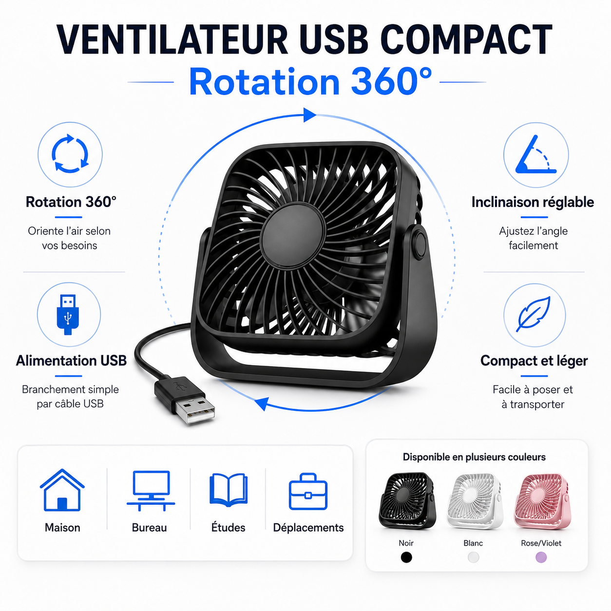 Mini Ventilateur de Bureau USB 360° – 3 Vitesses | Canicule