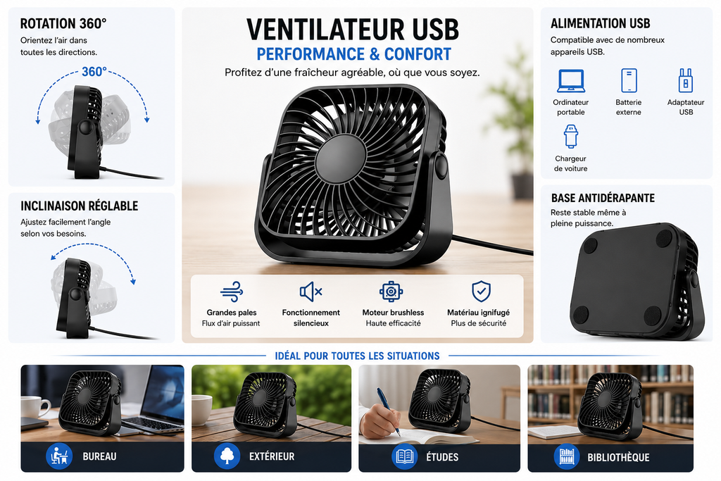 Mini Ventilateur de Bureau USB 360° – 3 Vitesses | Canicule