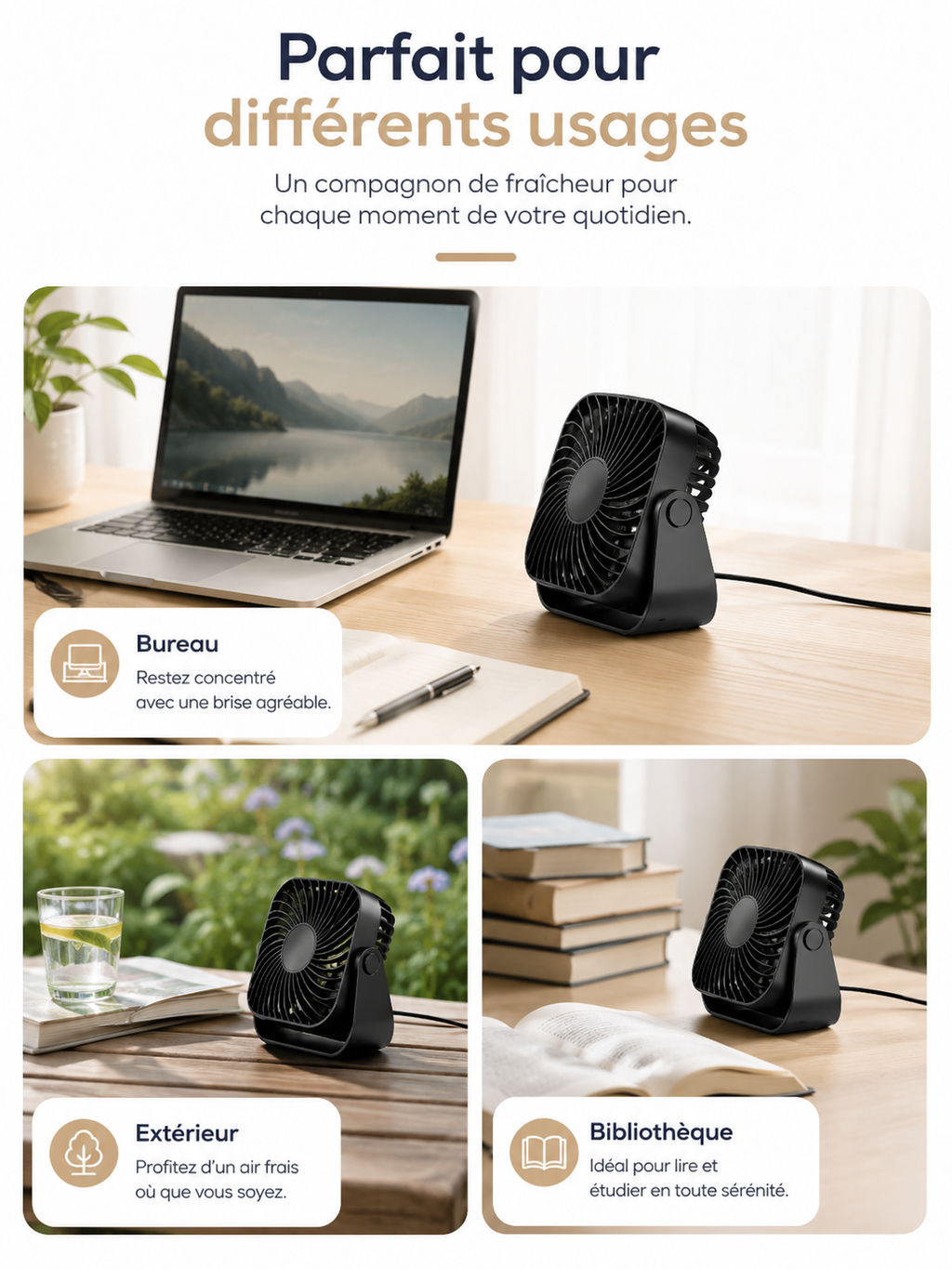 Mini Ventilateur de Bureau USB 360° – 3 Vitesses | Canicule