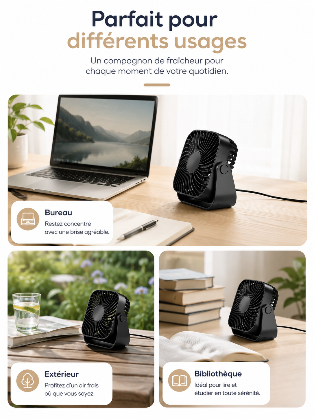 Mini Ventilateur de Bureau USB 360° – 3 Vitesses | Canicule