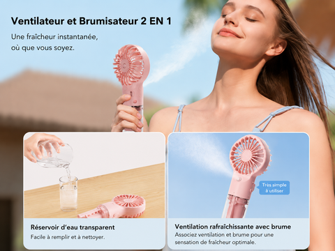 Ventilateur brumisateur Canicule 2 en 1, réservoir transparent et brume légère