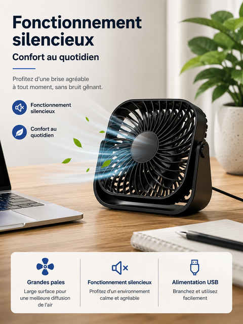 Ventilateur de bureau Canicule alimenté par USB, fonctionnement silencieux au poste de travail