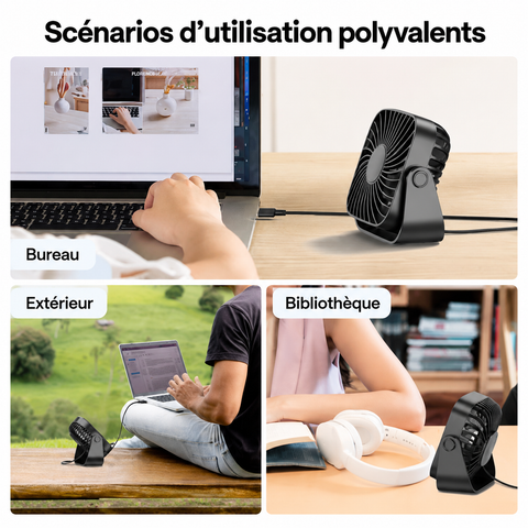 Trois usages du ventilateur bureau Canicule : bureau, extérieur et bibliothèque, alimentation USB visible